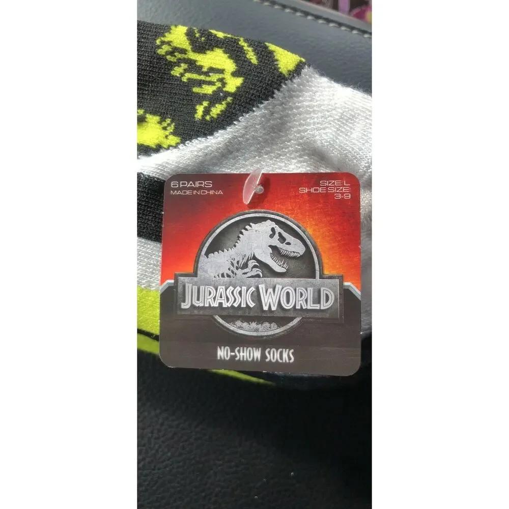 NEW Jurassic World Boys’ No Show Socks, 6-Pack Large - Shoe Size: 3-9 Dinosaur